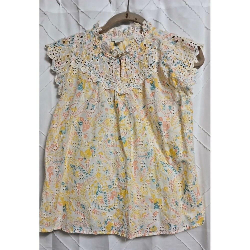 Jennifer & Grace Eyelet Top Pullover Floral Print Sz Sm Flutter Cap Sleeve fairy